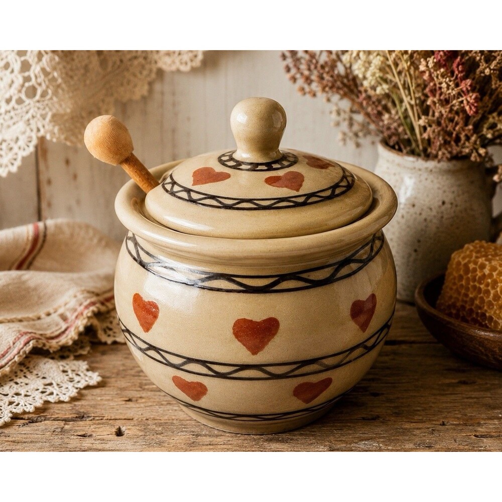 Hartstone Pottery USA Heart Honey Pot Jar Lid Wooden Dipper Stoneware Vintage